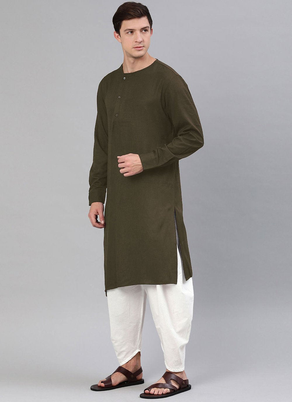 Dhoti Kurta Blended Cotton Green Plain Mens