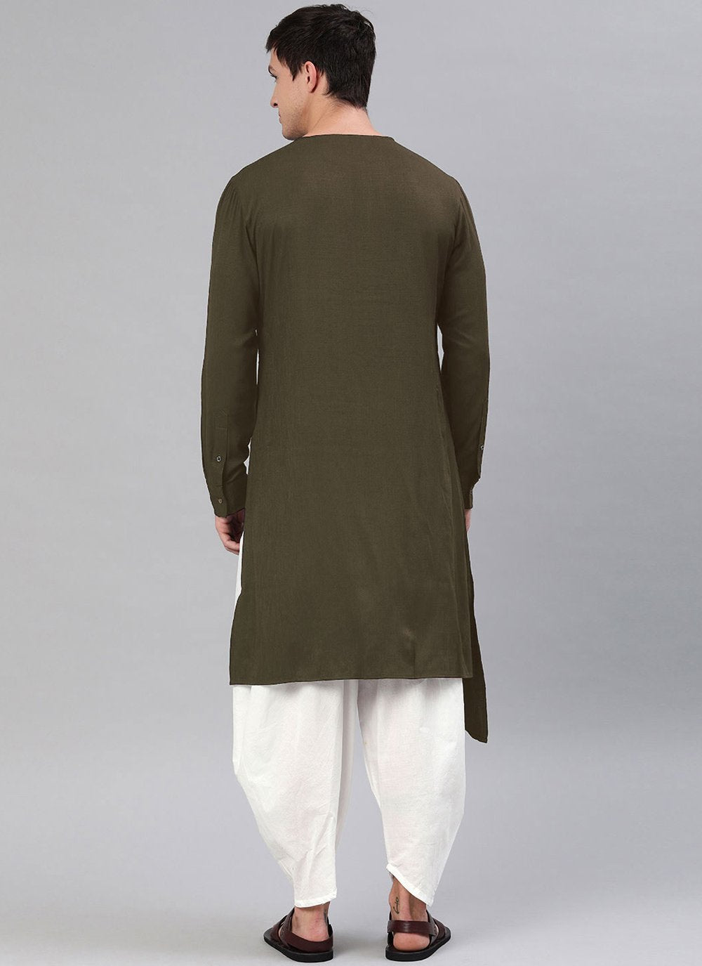 Dhoti Kurta Blended Cotton Green Plain Mens