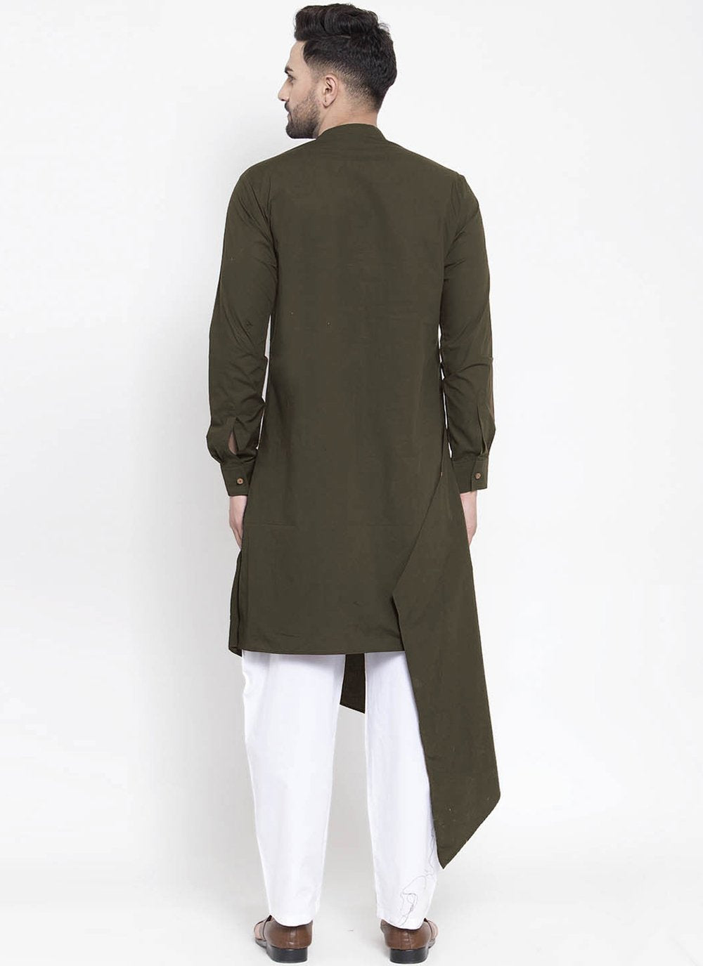 Indo Western Blended Cotton Green Plain Mens