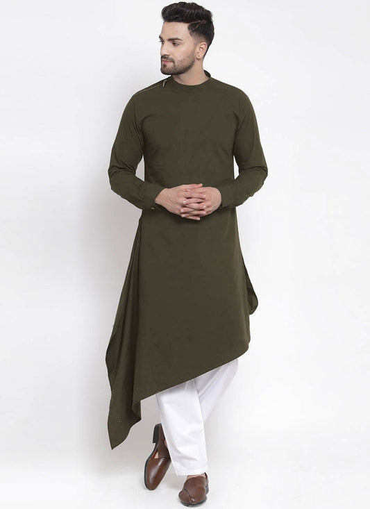 Indo Western Blended Cotton Green Plain Mens