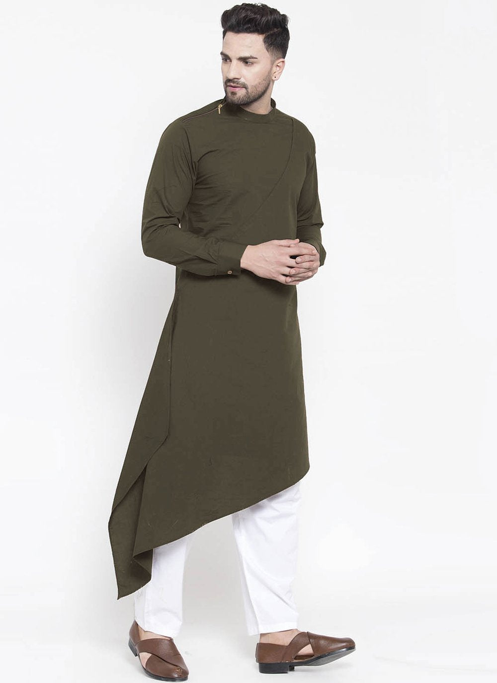 Indo Western Blended Cotton Green Plain Mens