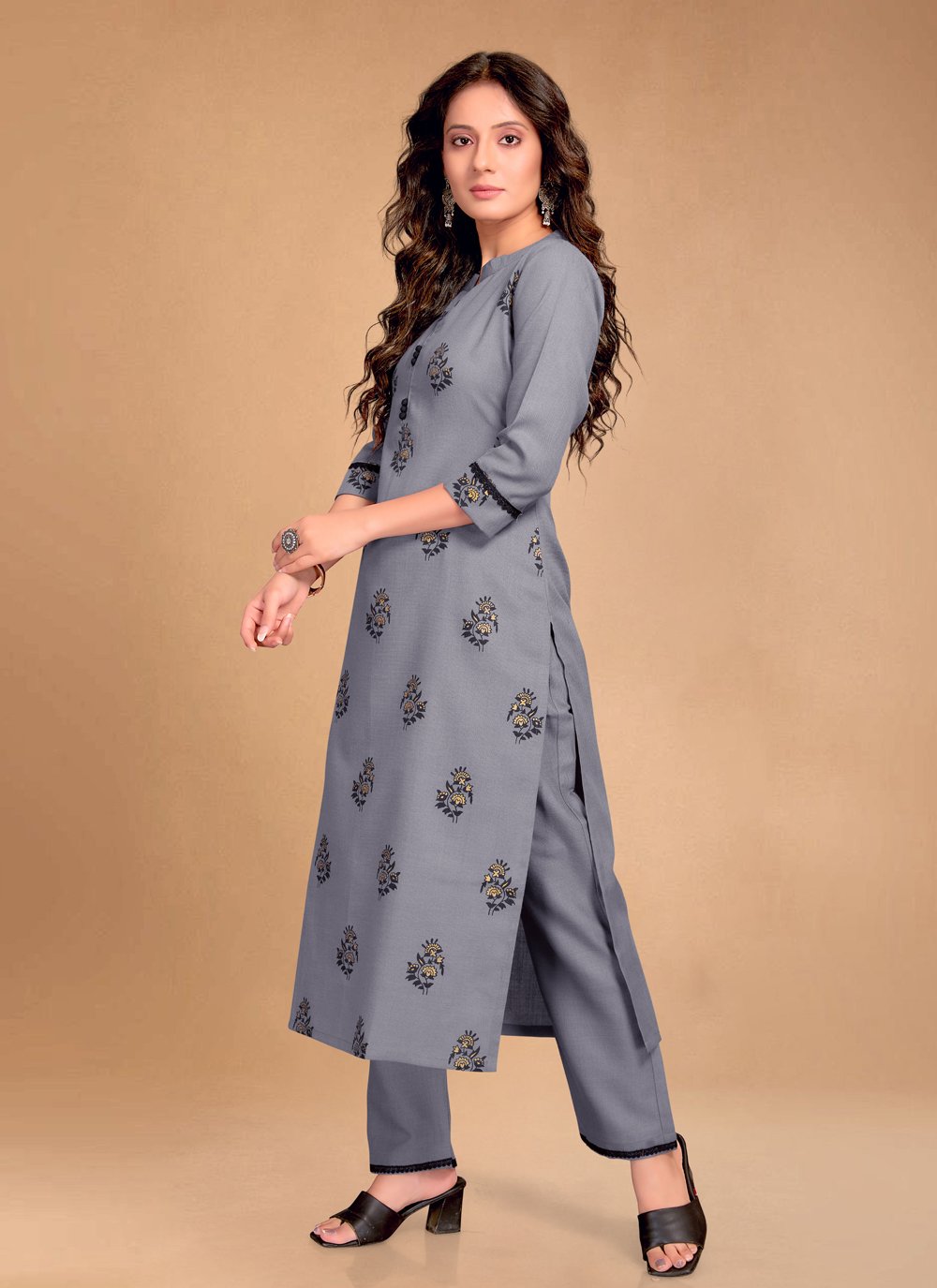 Pant Style Suit Blended Cotton Grey Foil Print Salwar Kameez