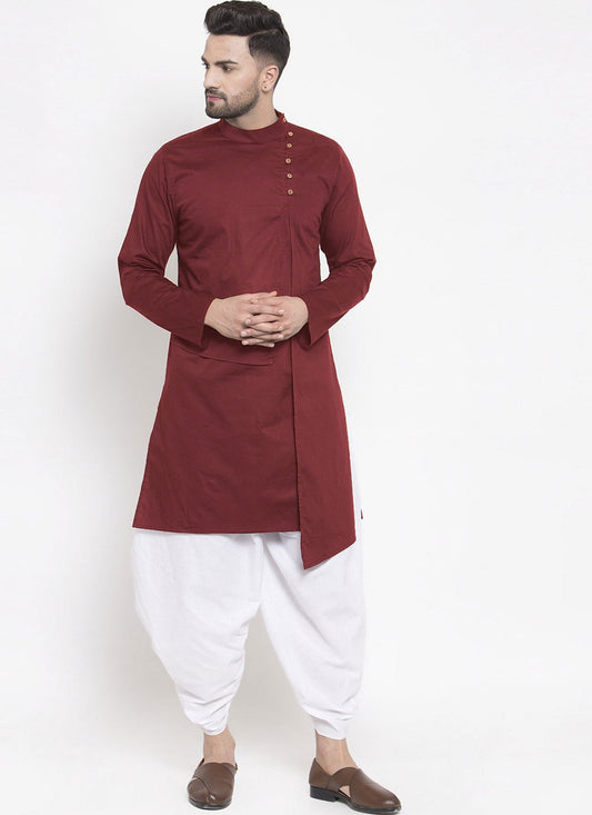 Indo Western Blended Cotton Maroon Buttons Mens