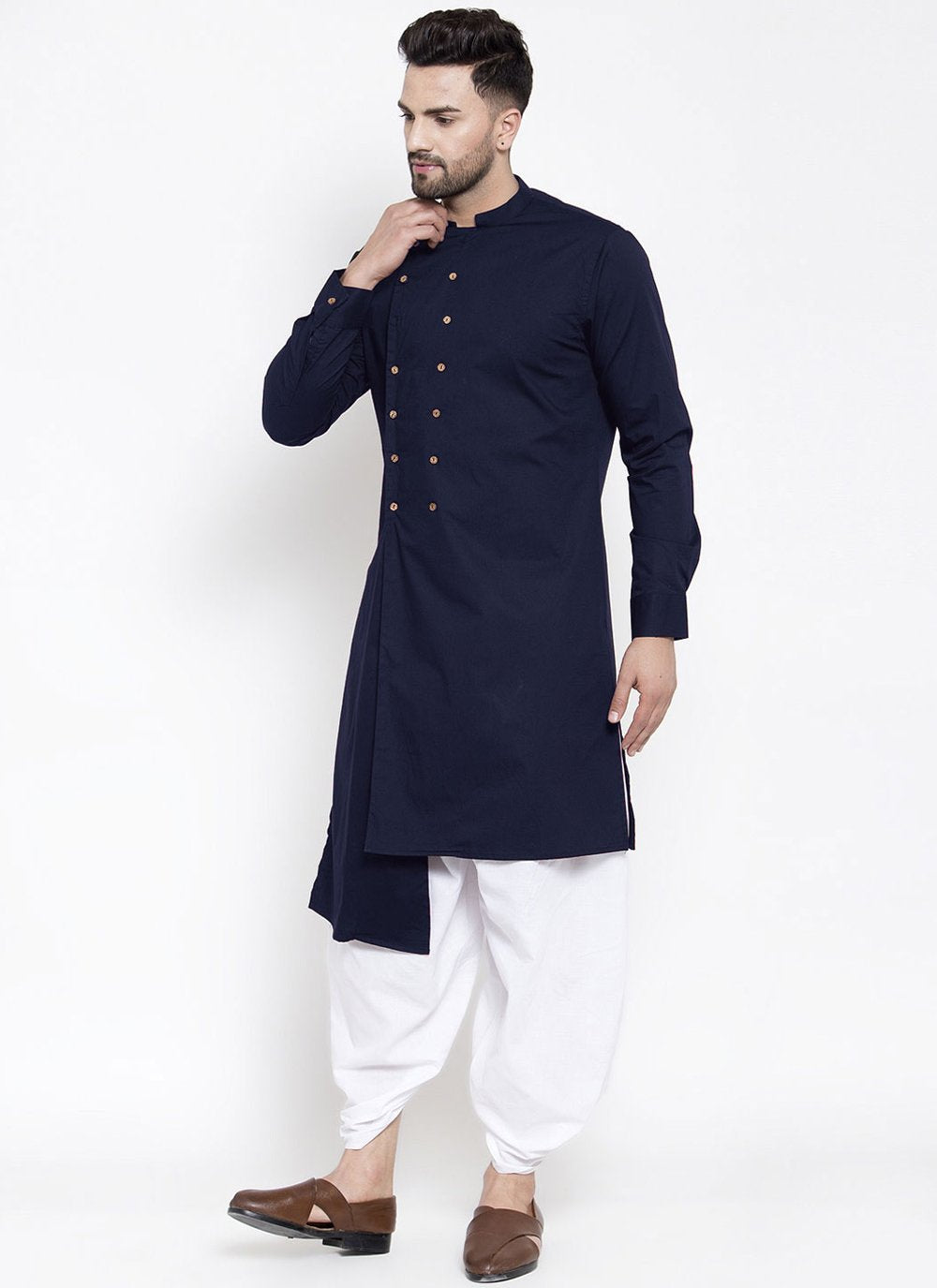 Indo Western Blended Cotton Blue Buttons Mens