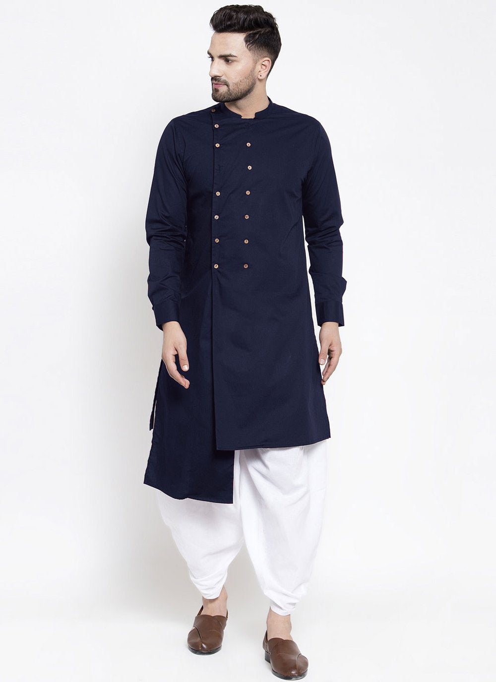 Indo Western Blended Cotton Blue Buttons Mens