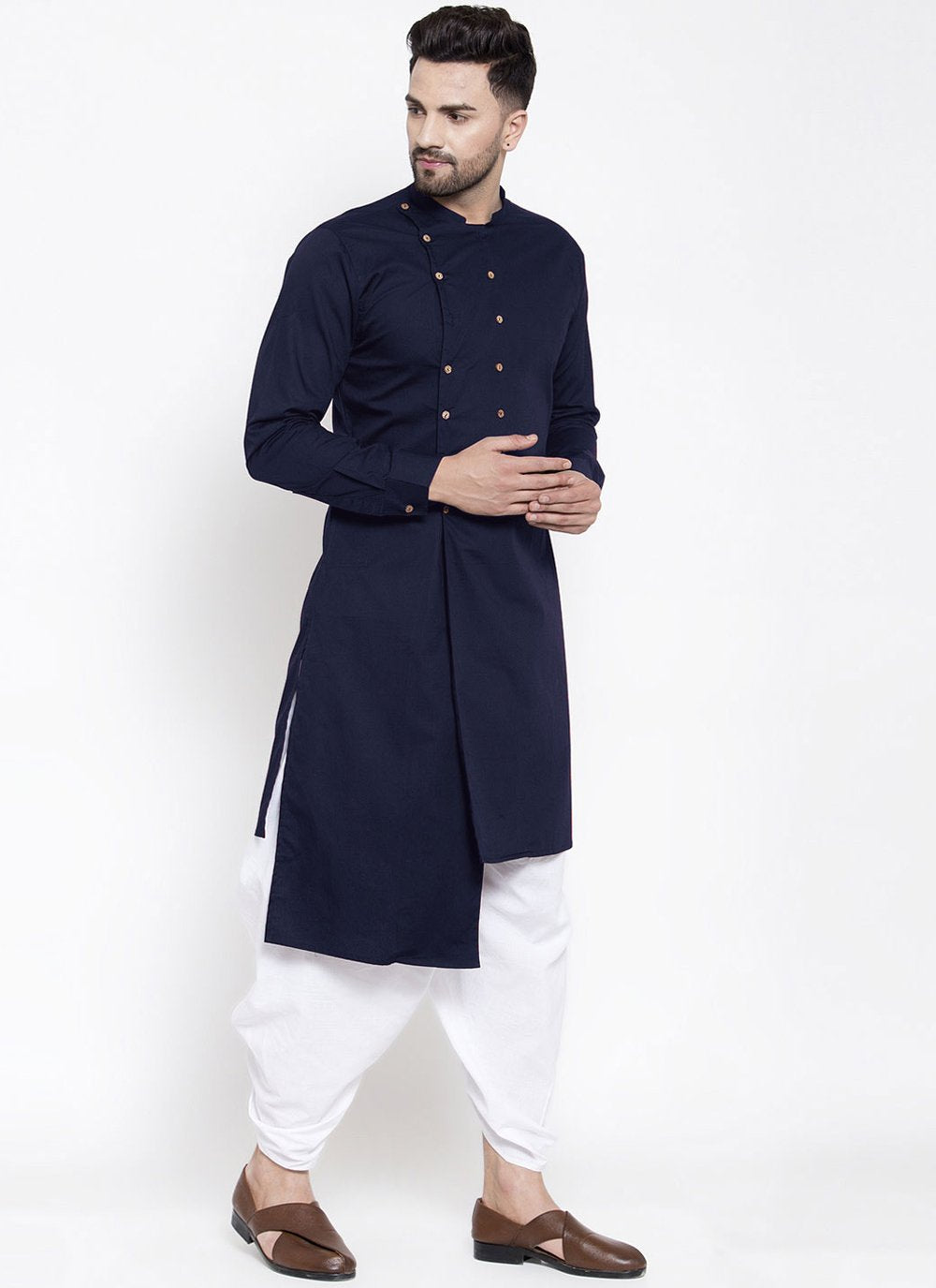 Indo Western Blended Cotton Blue Buttons Mens