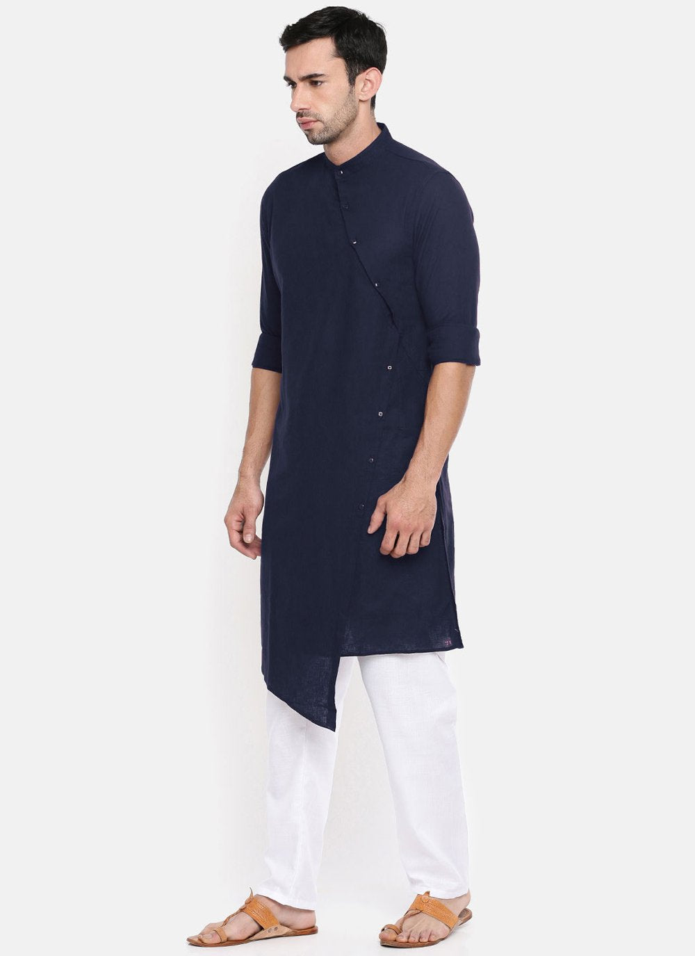 Kurta Blended Cotton Blue Plain Mens