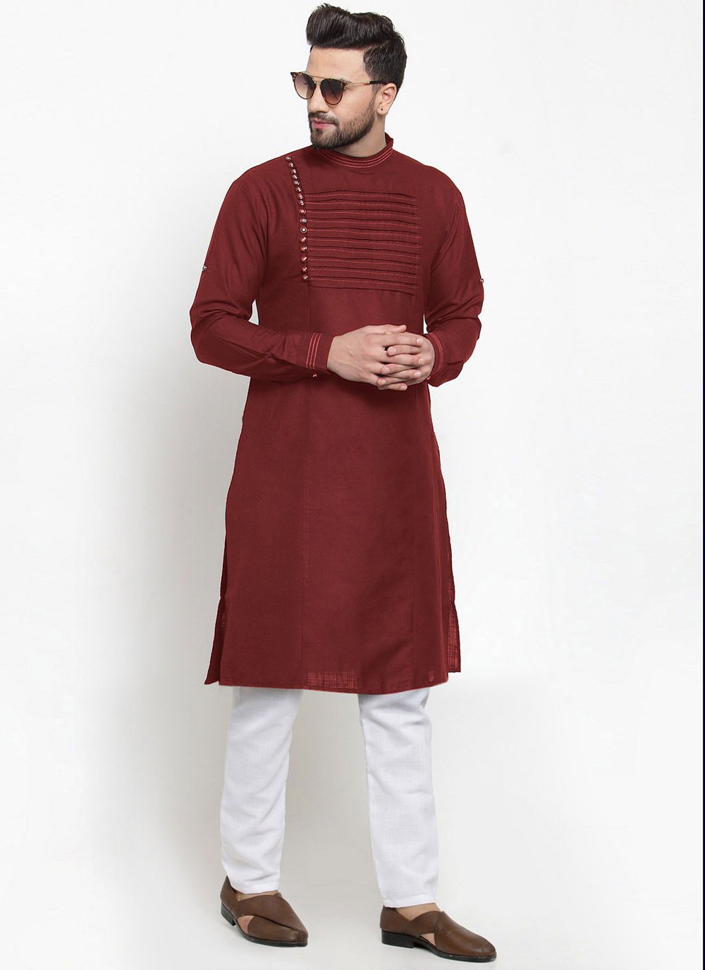 Kurta Pyjama Blended Cotton Maroon Embroidered Mens