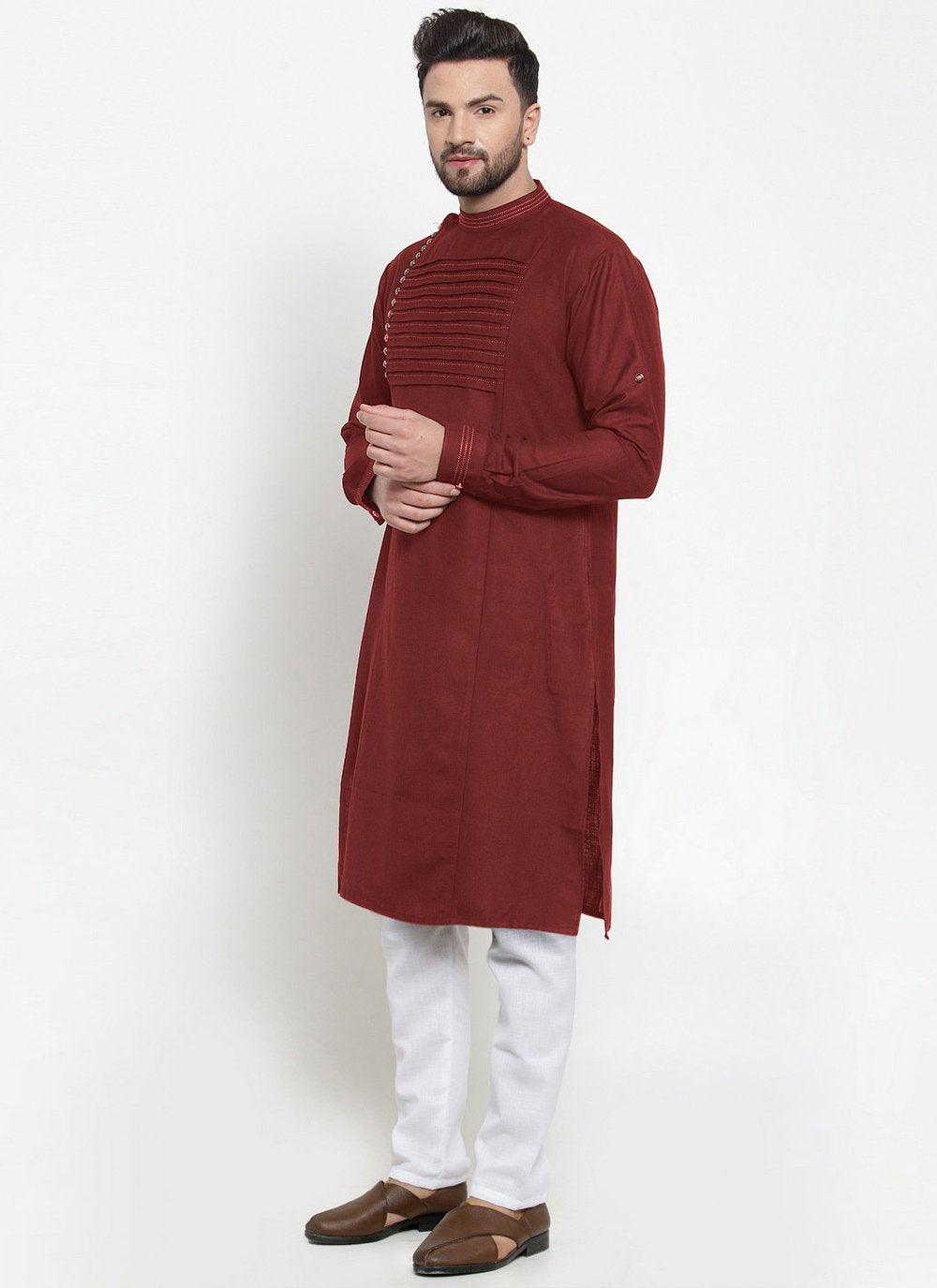 Kurta Pyjama Blended Cotton Maroon Embroidered Mens