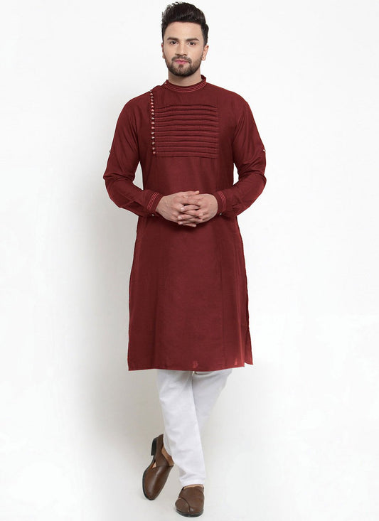 Kurta Pyjama Blended Cotton Maroon Embroidered Mens