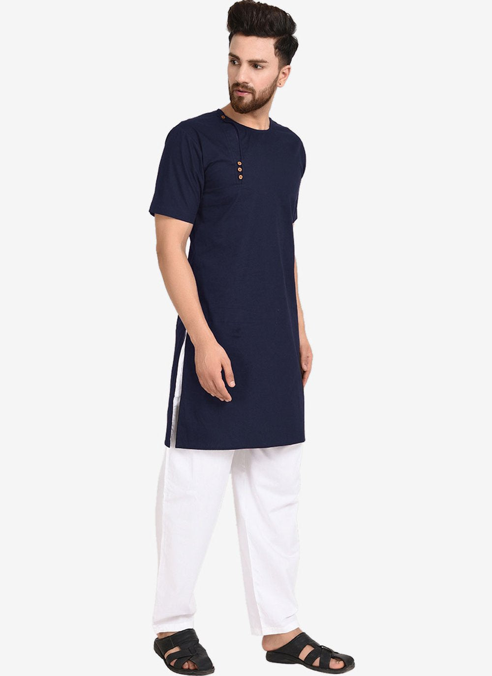 Kurta Pyjama Blended Cotton Blue Plain Mens