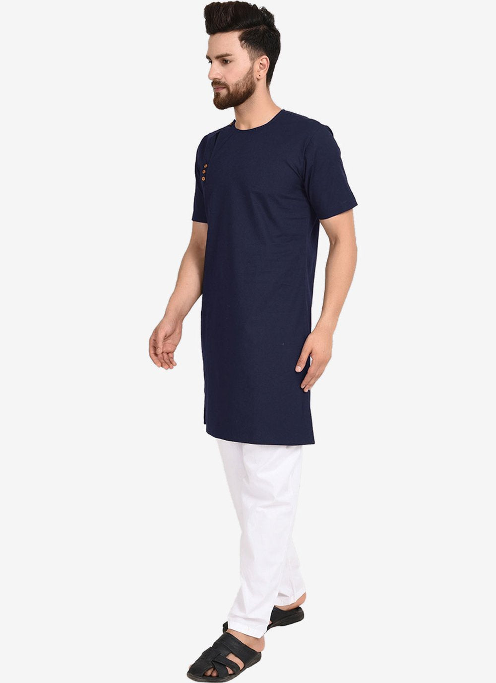 Kurta Pyjama Blended Cotton Blue Plain Mens