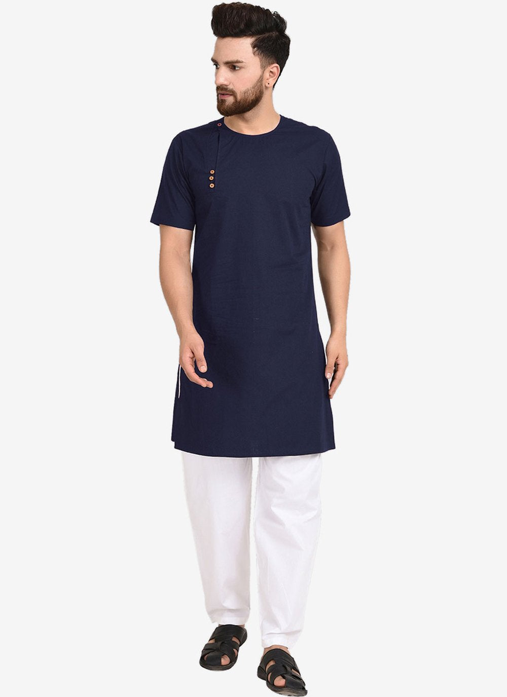 Kurta Pyjama Blended Cotton Blue Plain Mens