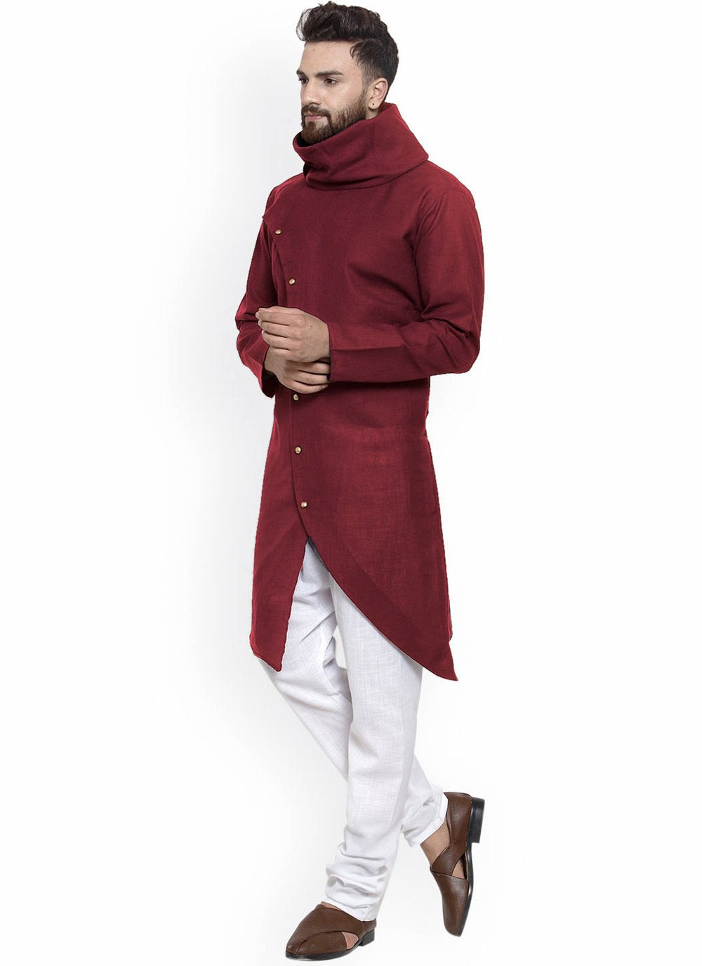 Kurta Blended Cotton Maroon Buttons Mens