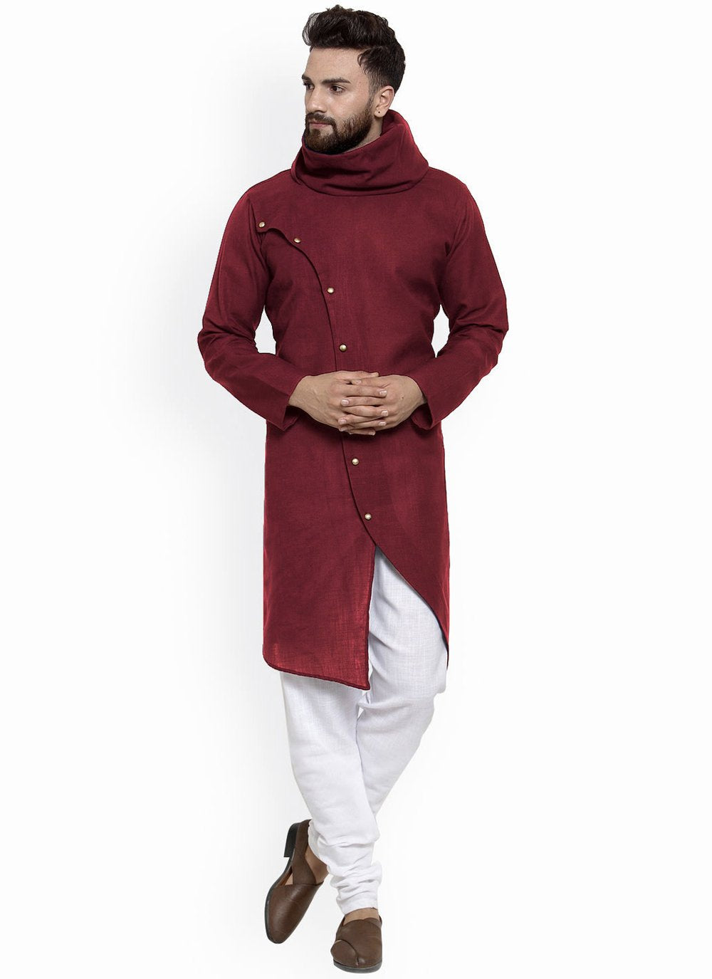 Kurta Blended Cotton Maroon Buttons Mens