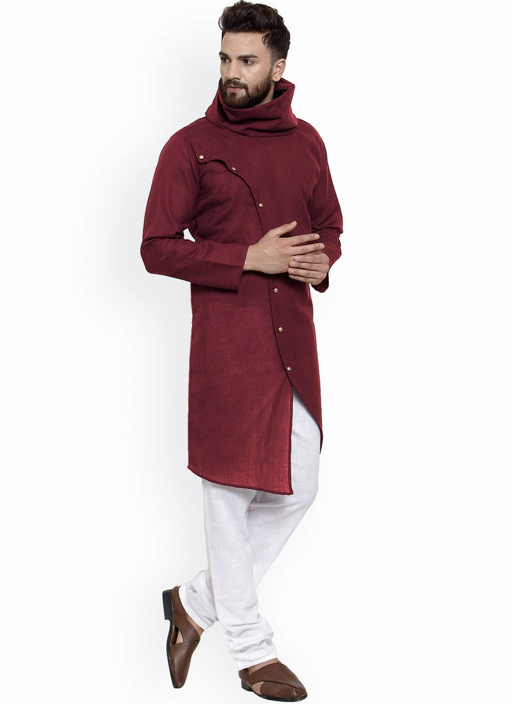 Kurta Blended Cotton Maroon Buttons Mens