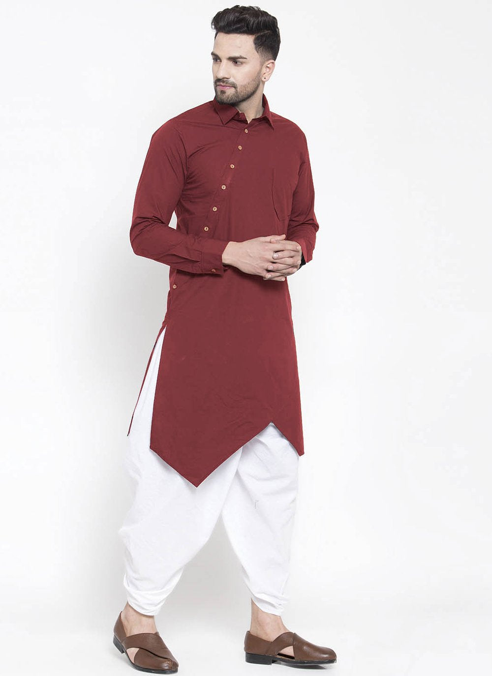 Indo Western Blended Cotton Maroon Buttons Mens