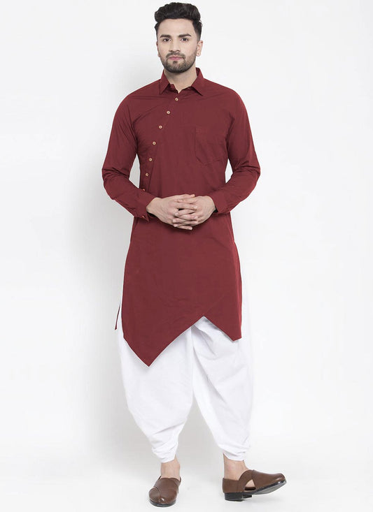 Indo Western Blended Cotton Maroon Buttons Mens