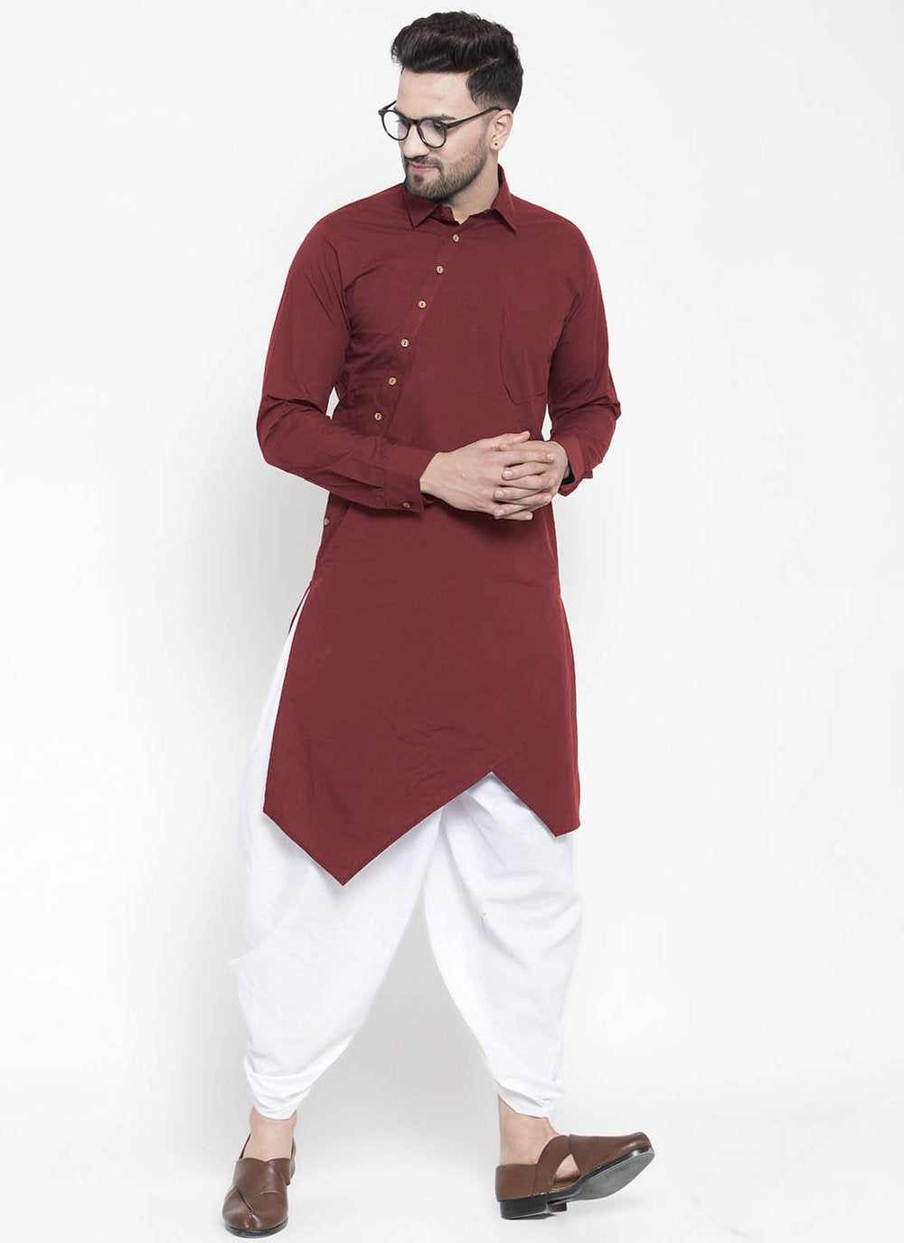 Indo Western Blended Cotton Maroon Buttons Mens