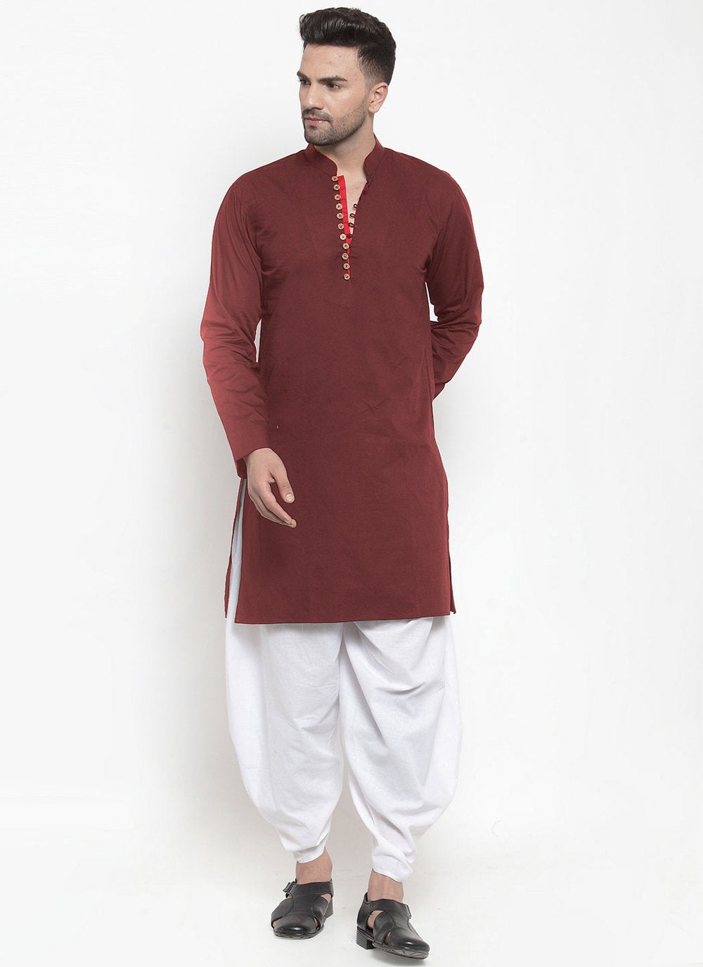 Dhoti Kurta Blended Cotton Maroon Plain Mens