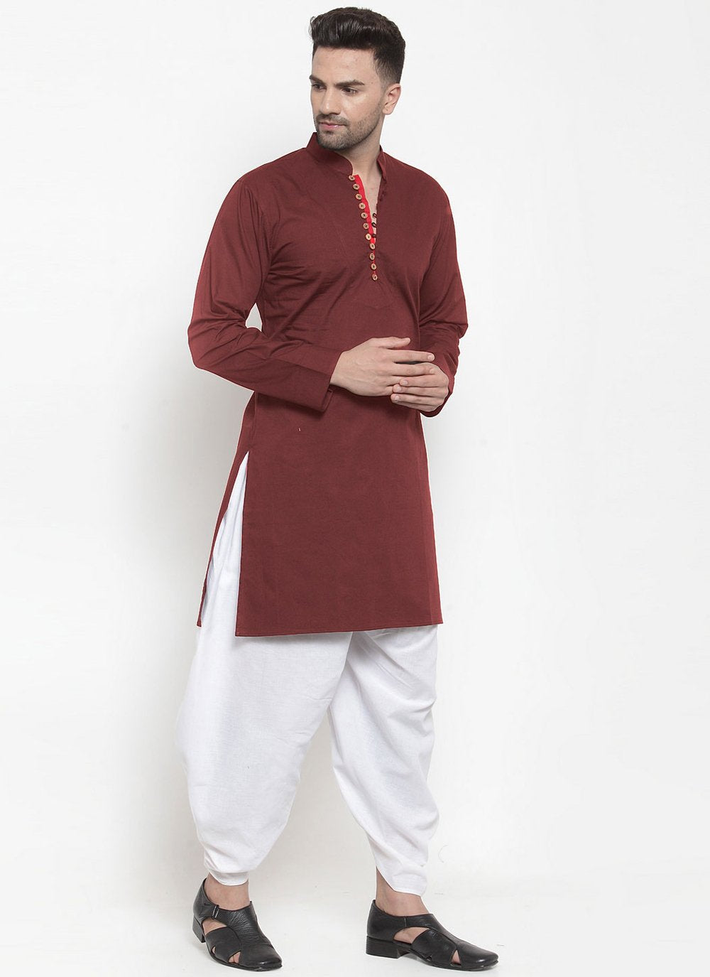 Dhoti Kurta Blended Cotton Maroon Plain Mens