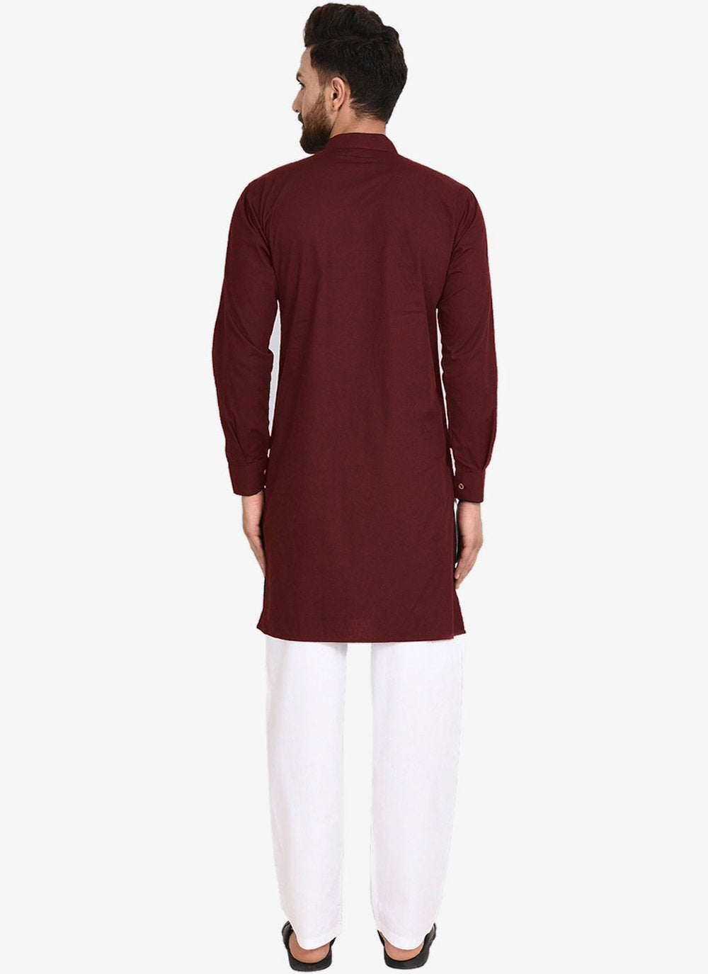 Indo Western Blended Cotton Maroon Plain Mens