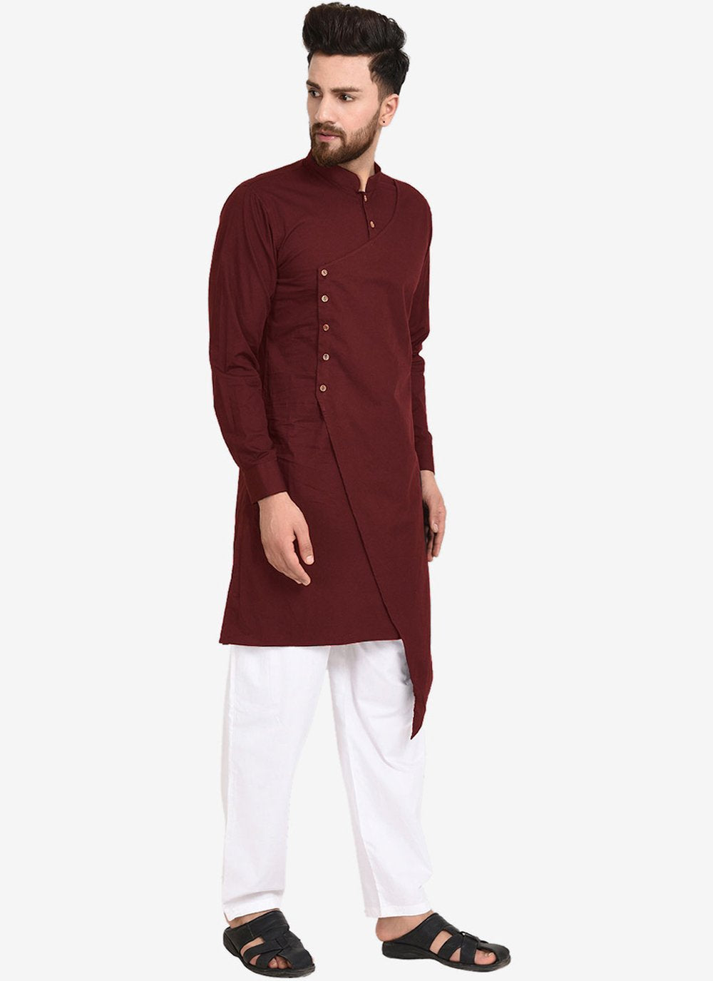 Indo Western Blended Cotton Maroon Plain Mens