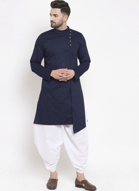 Indo Western Blended Cotton Blue Buttons Mens