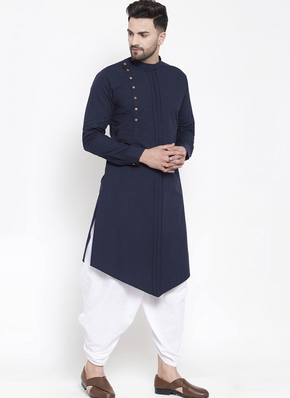 Dhoti Kurta Blended Cotton Blue Plain Mens