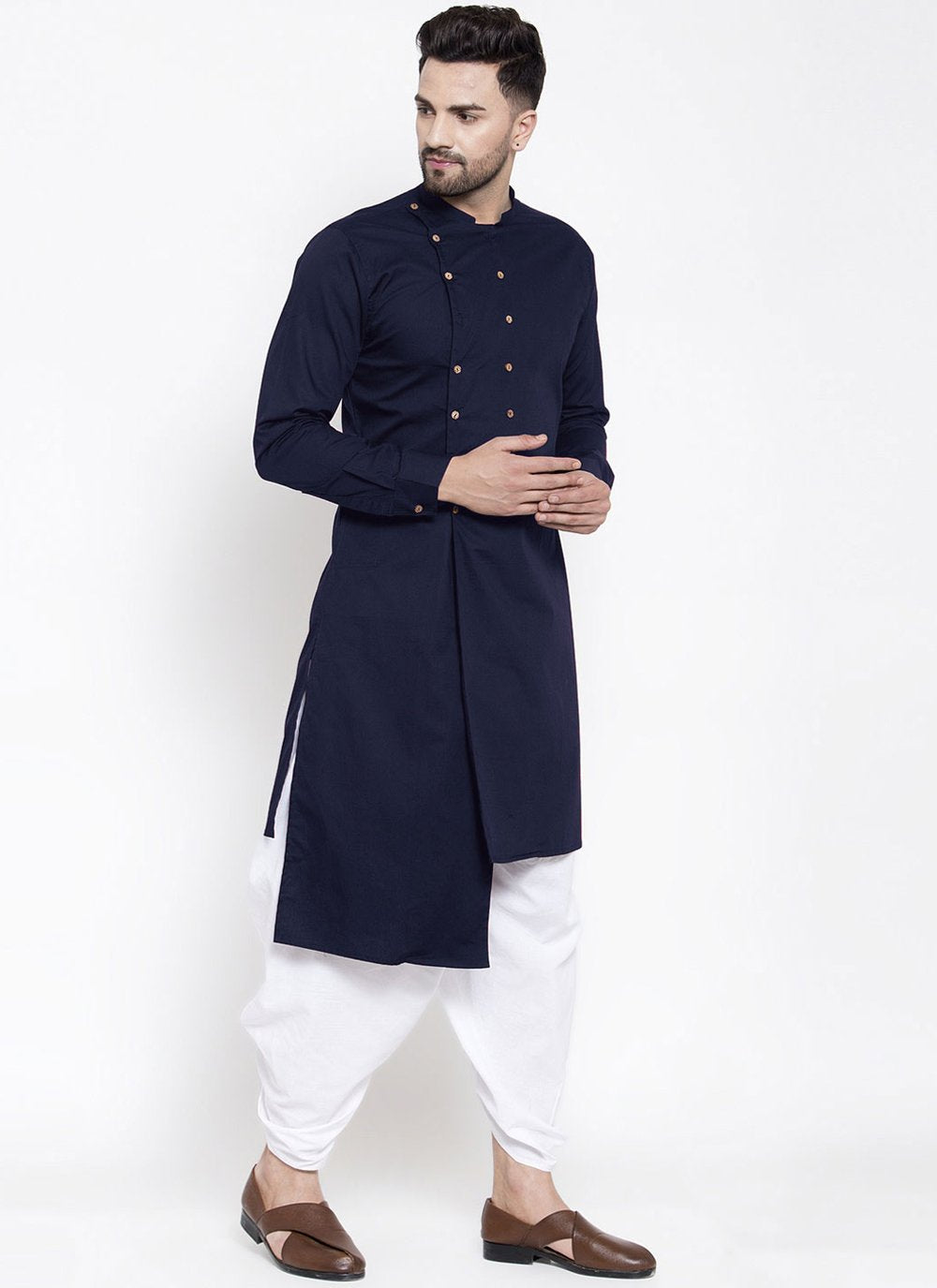 Kurta Blended Cotton Blue Buttons Mens