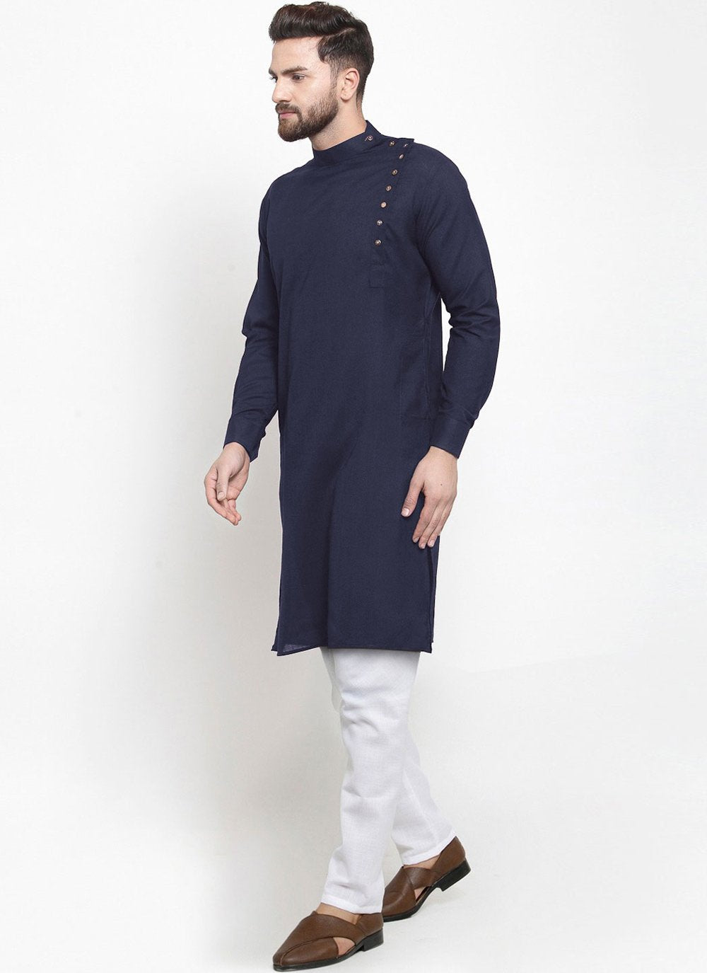 Kurta Blended Cotton Blue Plain Mens