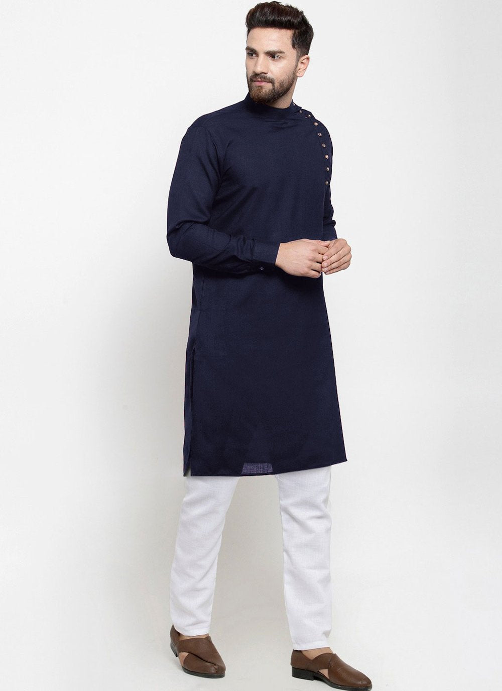 Kurta Blended Cotton Blue Plain Mens