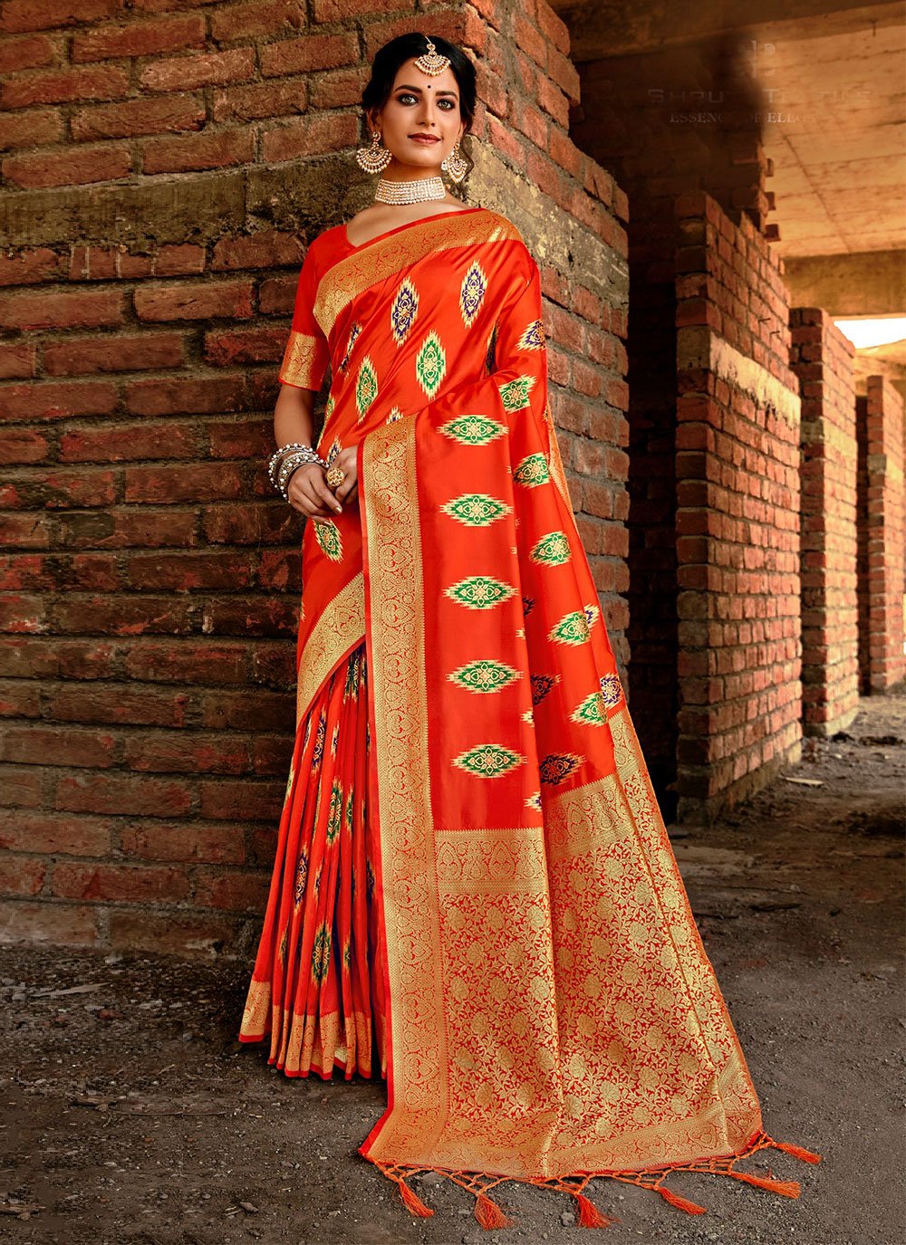 Designer Blended Cotton Orange Woven Saree