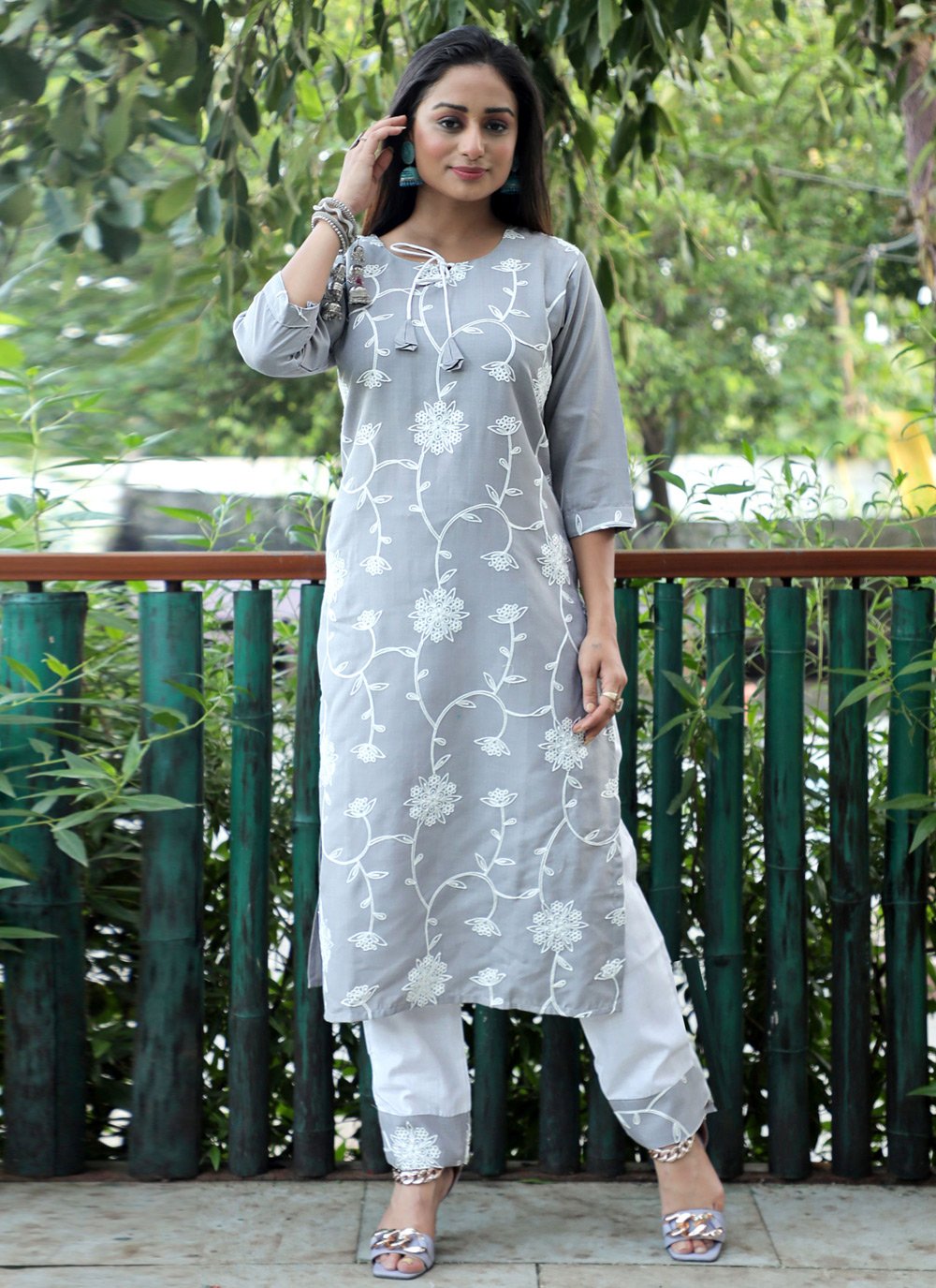 Pant Style Suit Blended Cotton Grey Embroidered Salwar Kameez