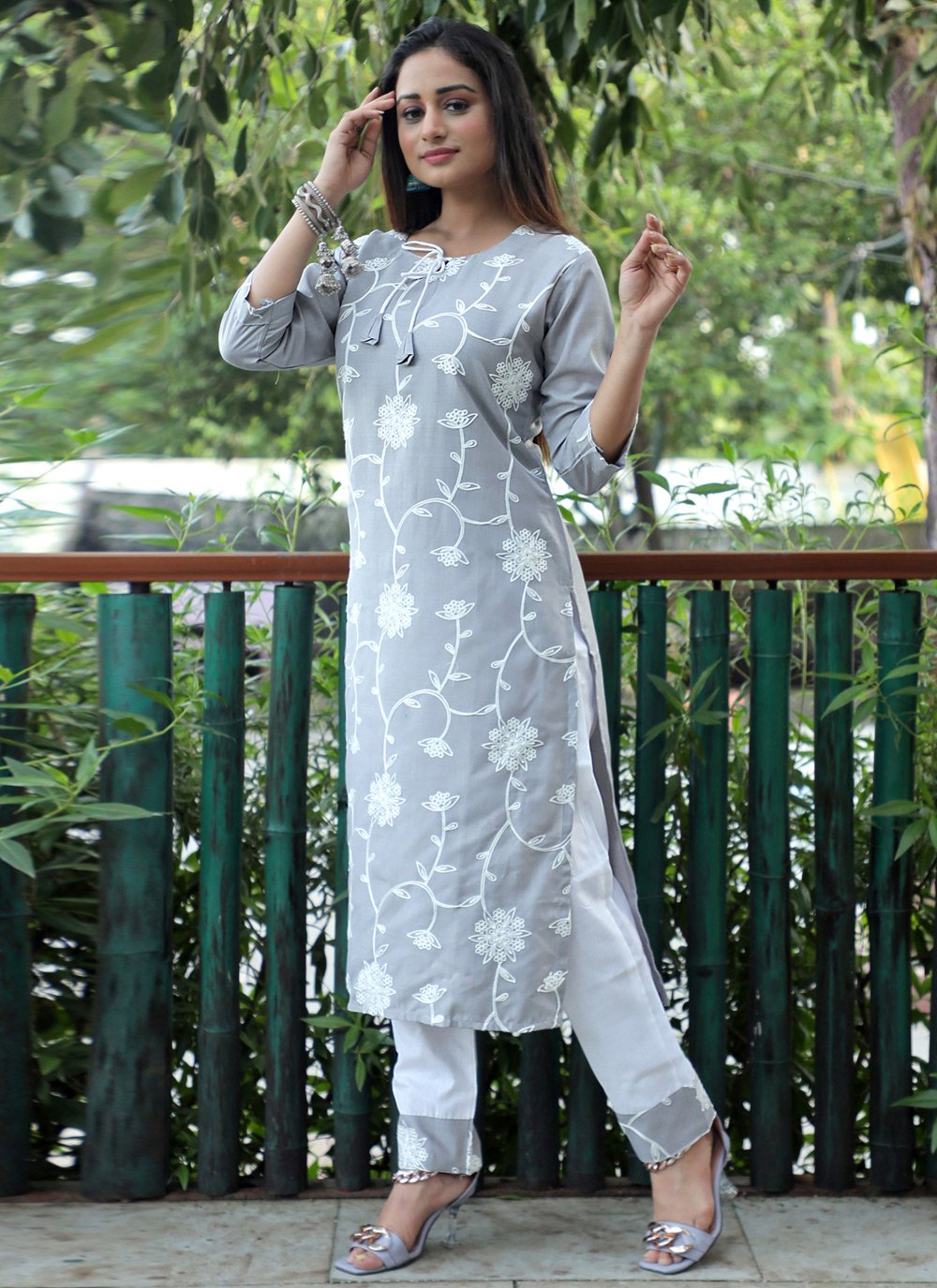 Pant Style Suit Blended Cotton Grey Embroidered Salwar Kameez