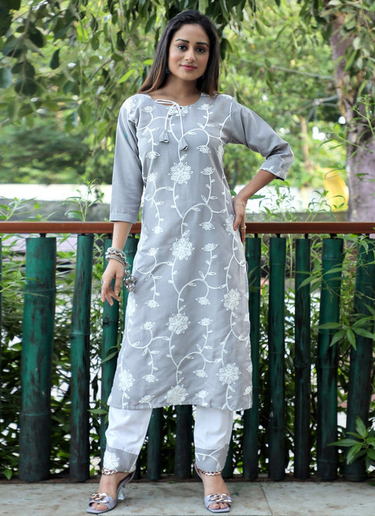 Pant Style Suit Blended Cotton Grey Embroidered Salwar Kameez