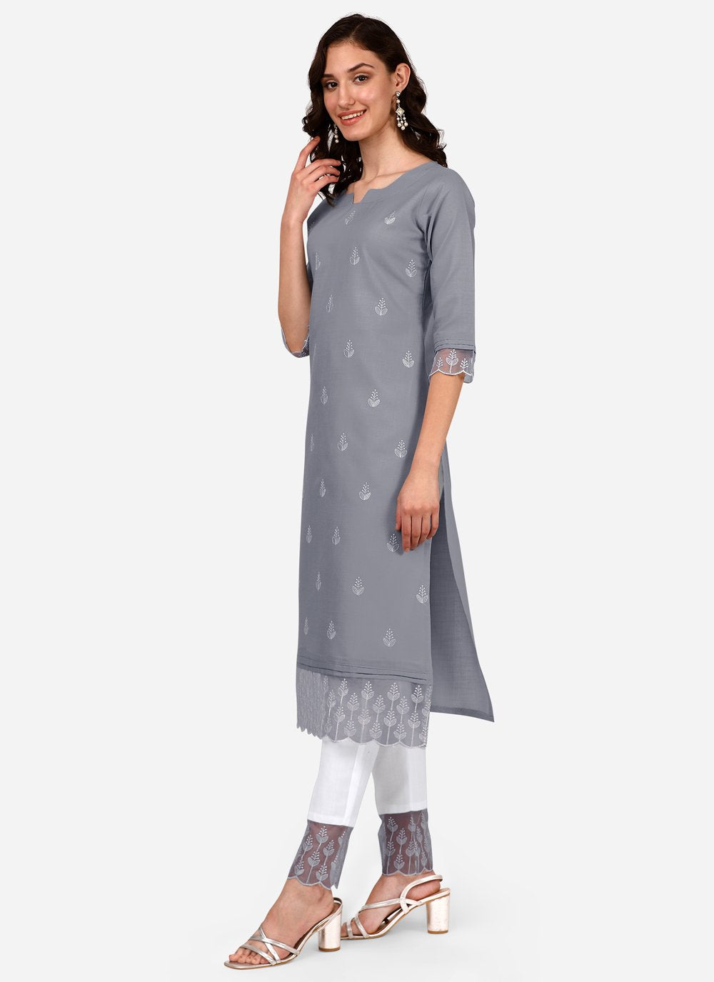 Pant Style Suit Blended Cotton Grey Embroidered Salwar Kameez