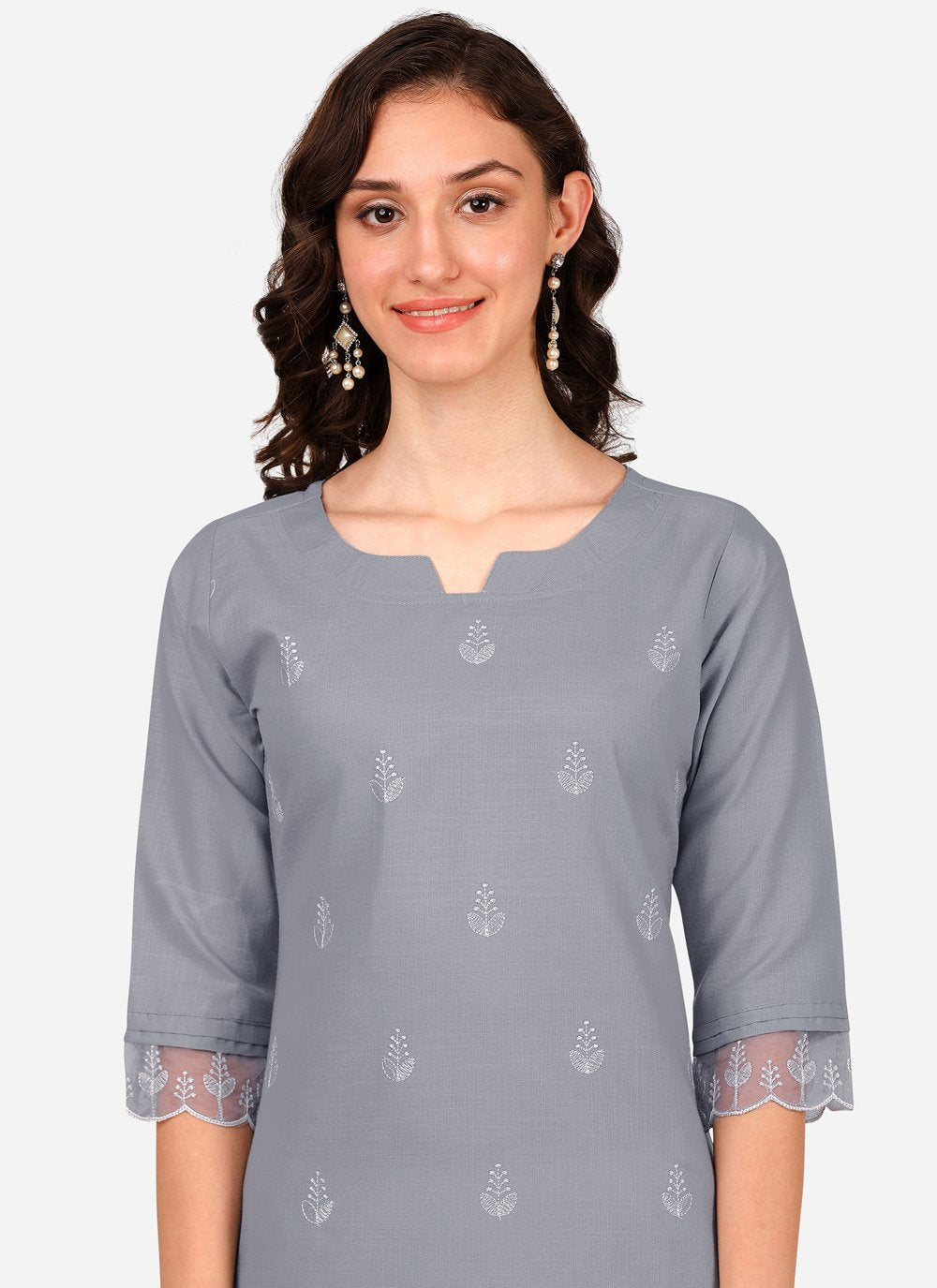 Pant Style Suit Blended Cotton Grey Embroidered Salwar Kameez