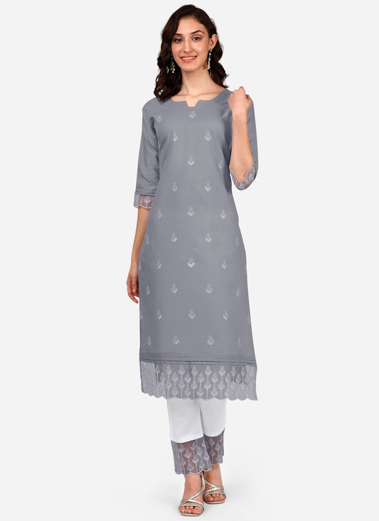 Pant Style Suit Blended Cotton Grey Embroidered Salwar Kameez