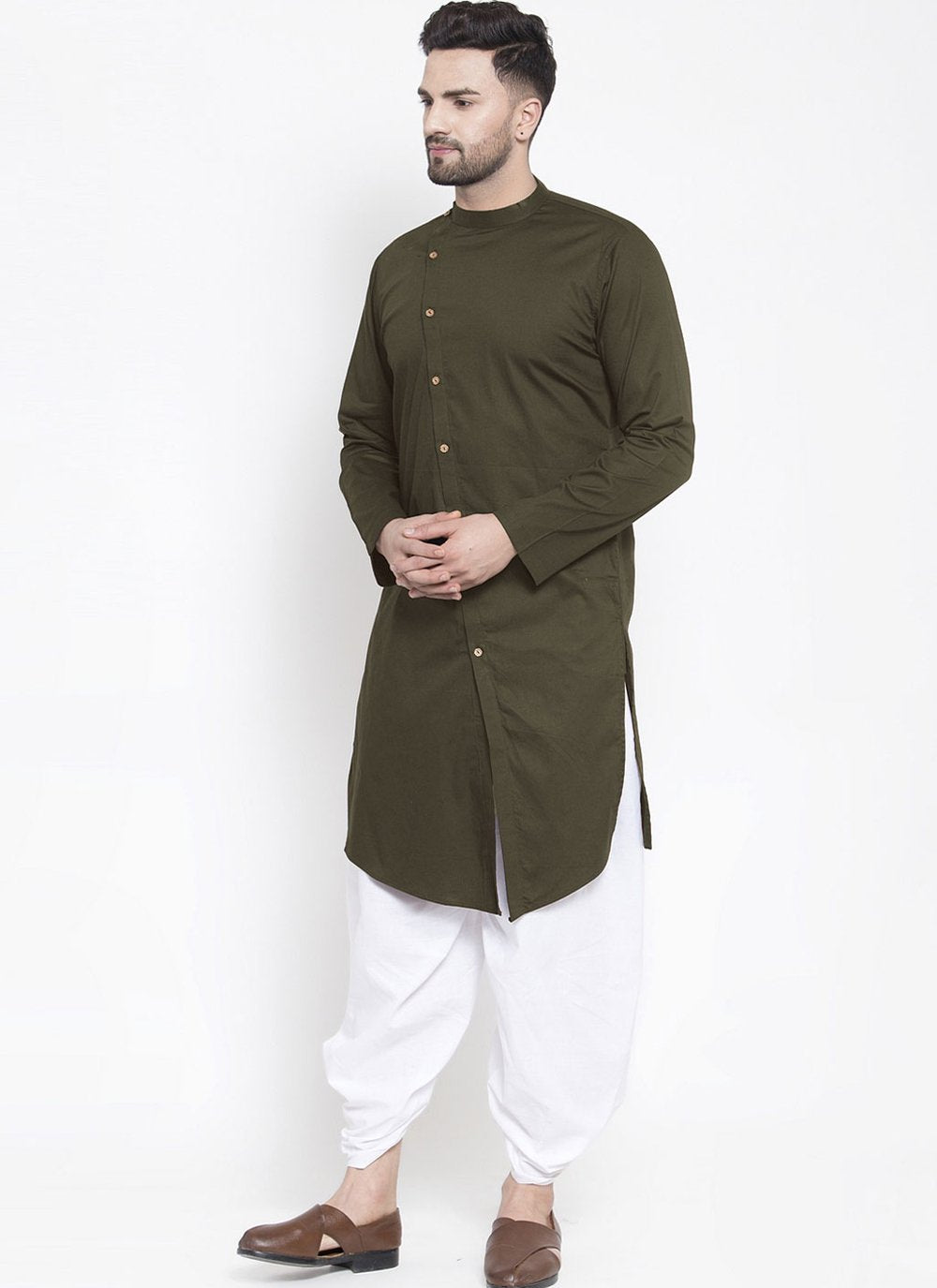 Dhoti Kurta Blended Cotton Green Plain Mens