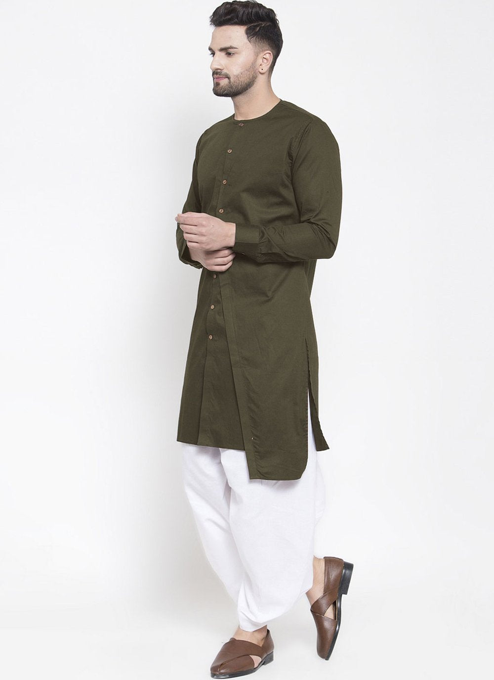 Dhoti Kurta Blended Cotton Green Plain Mens