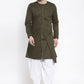 Dhoti Kurta Blended Cotton Green Plain Mens