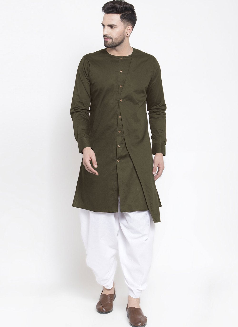 Dhoti Kurta Blended Cotton Green Plain Mens