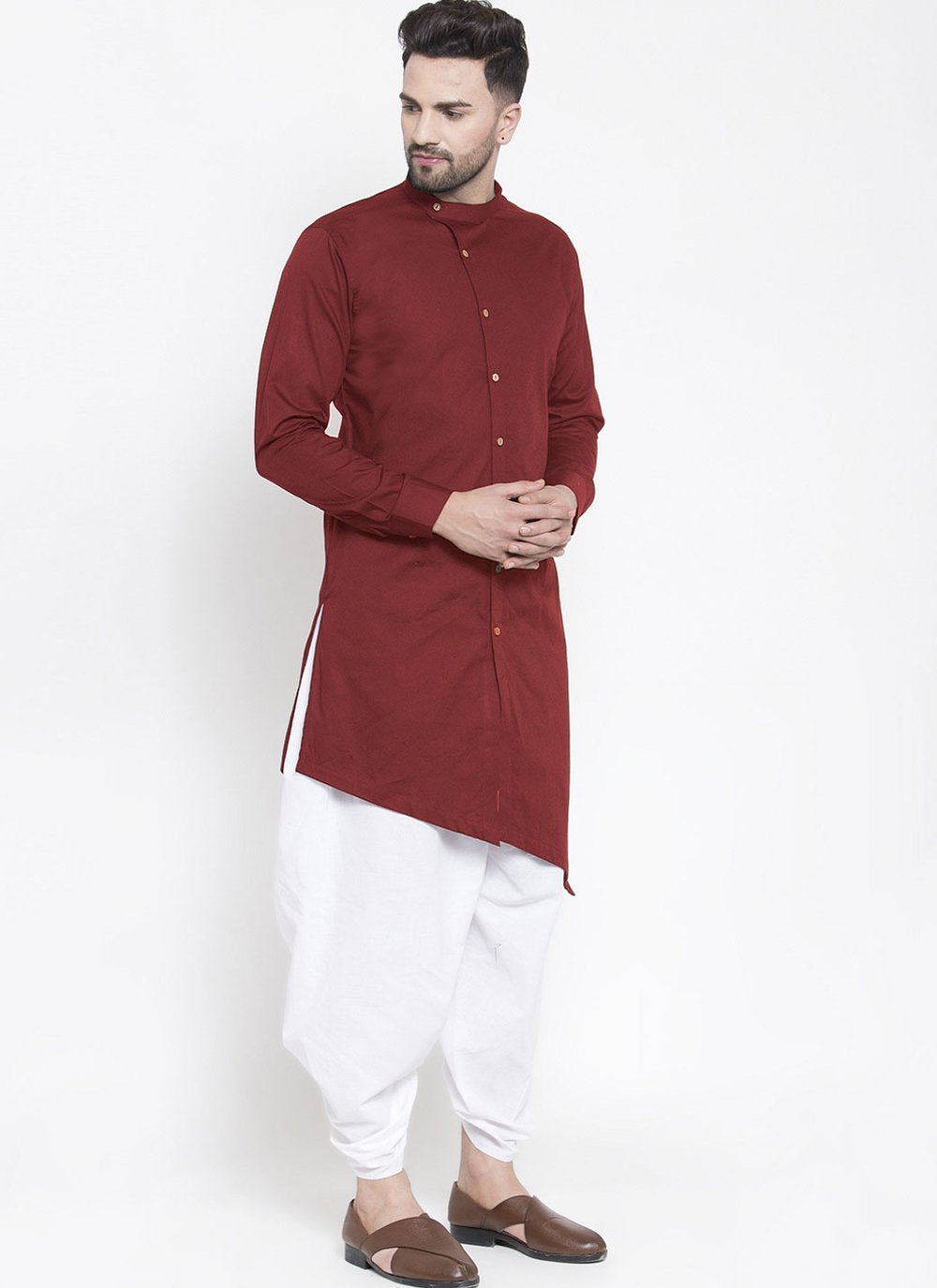 Dhoti Kurta Blended Cotton Maroon Plain Mens