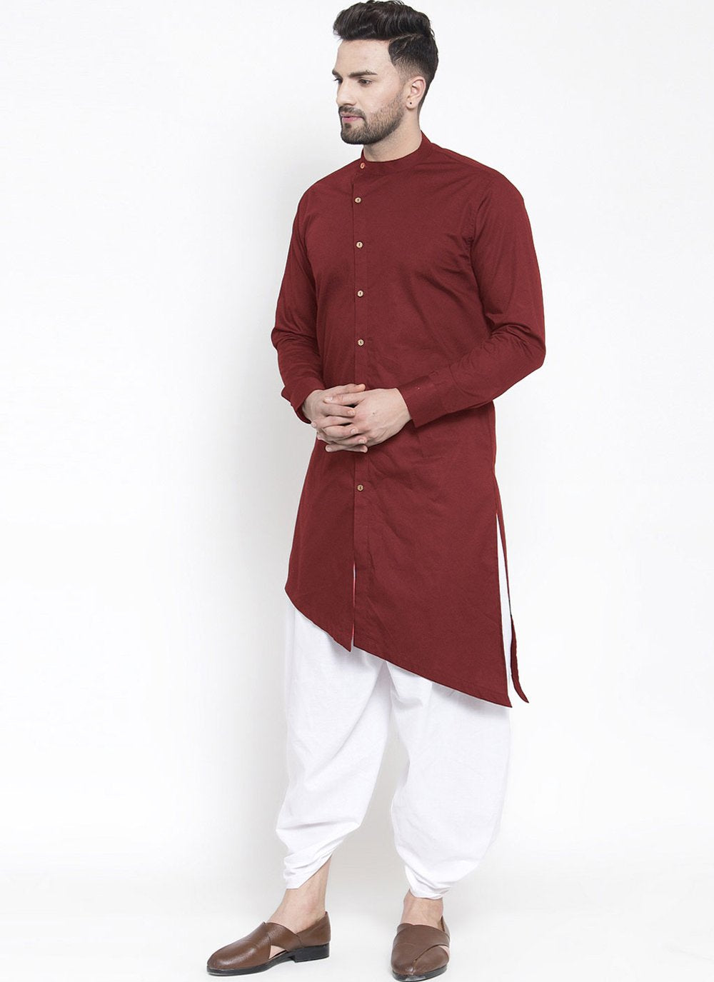 Dhoti Kurta Blended Cotton Maroon Plain Mens