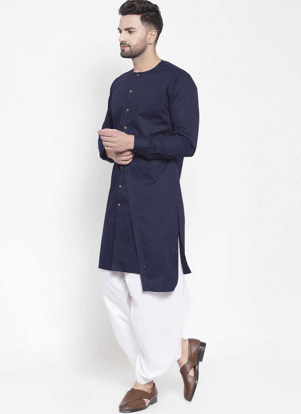 Dhoti Kurta Blended Cotton Blue Plain Mens