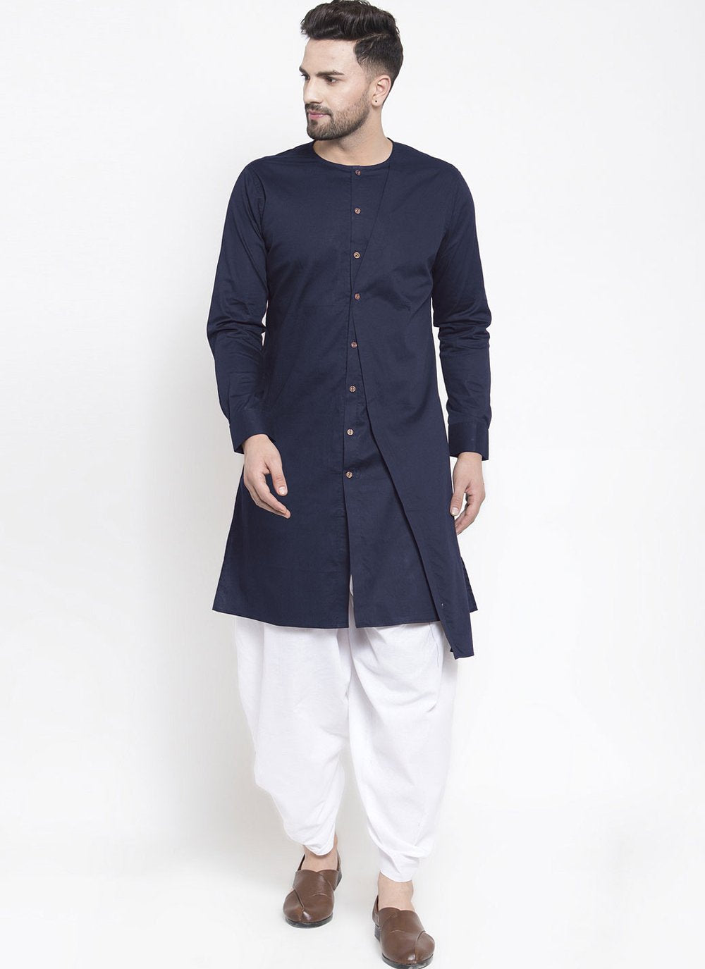 Dhoti Kurta Blended Cotton Blue Plain Mens