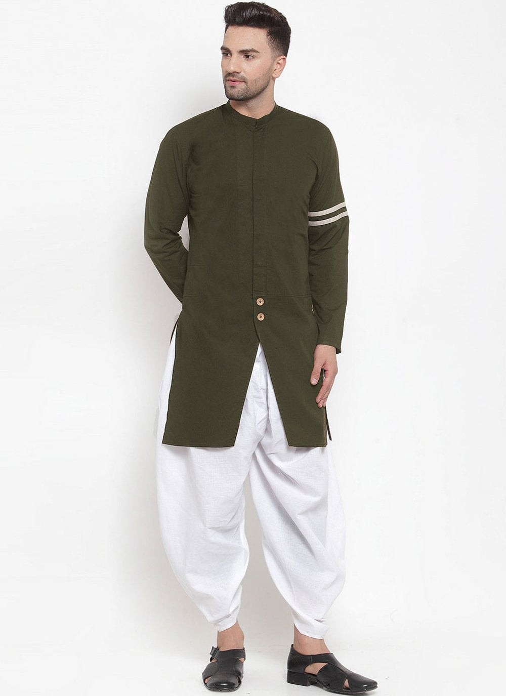 Indo Western Blended Cotton Green Plain Mens