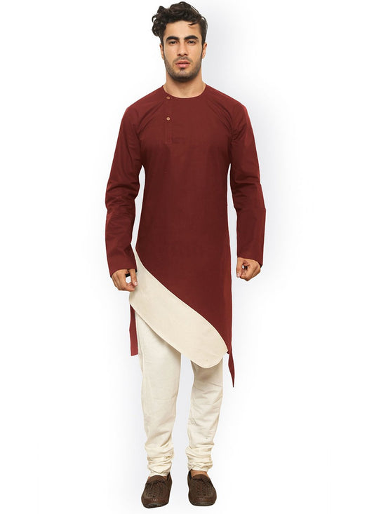 Indo Western Blended Cotton Maroon Plain Mens