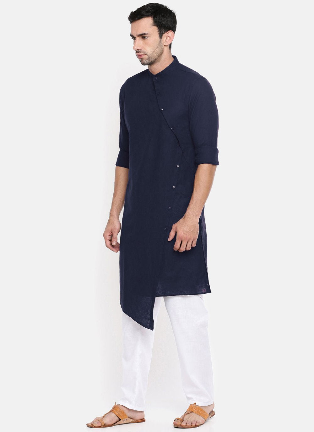 Indo Western Blended Cotton Blue Plain Mens